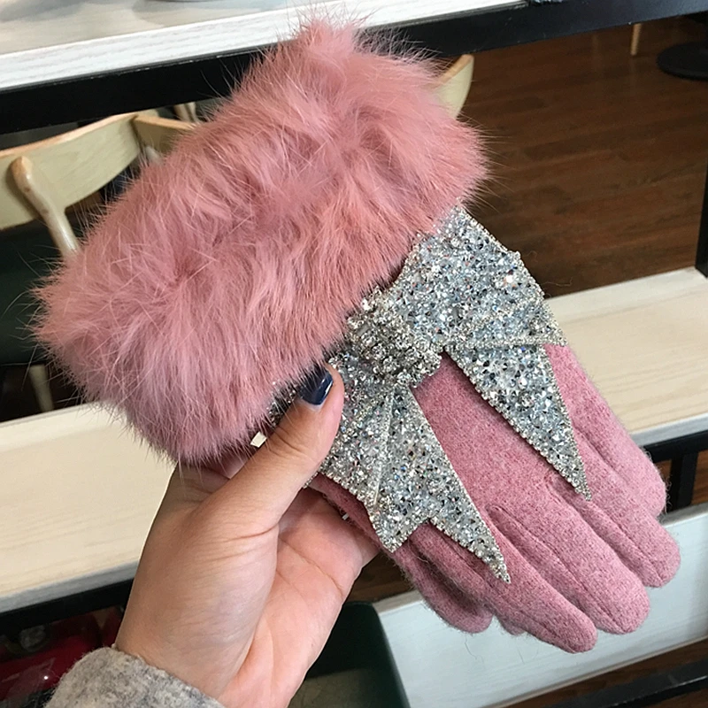 2024 Women Winter gloves Touch Screen luxury rhinestone Bowknot Fur Gloves Female Mittens Cashmere Double Warm Gloves Luva femme