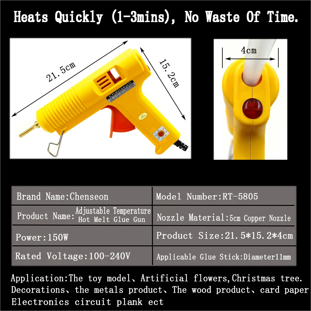 Imagem -04 - Chanseon-pistola de Cola Hot Melt Temperatura Ajustável Bocal de Cobre Artesanato Artesanato Inteligente Ajustável Faça Você Mesmo ue us Plug 150w 11 mm