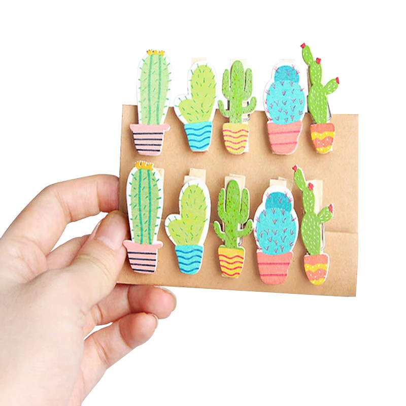 10pcs/lot Cute Cactus Wooden Pegs with hemp Photo Wood Crafts Clips for Children's Party Gift Favor Decorations