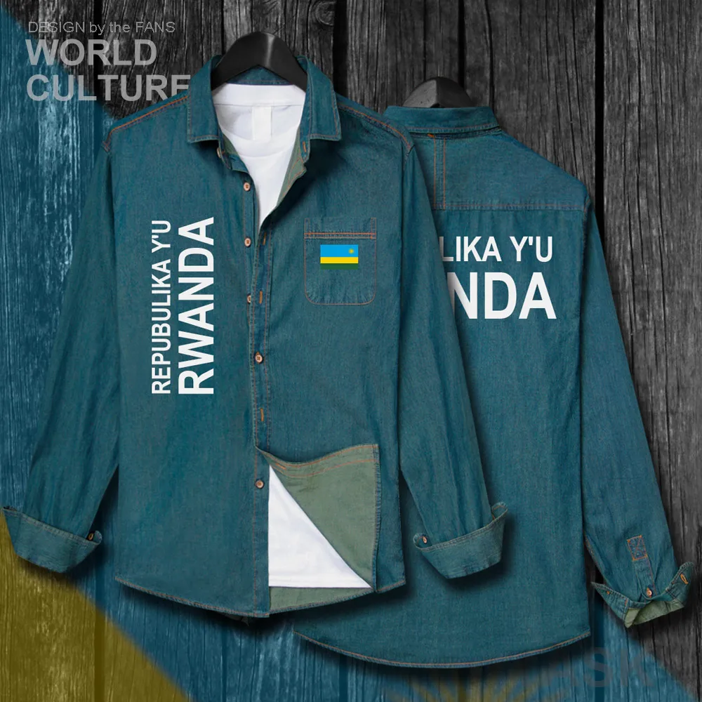 

Rwanda Rwandan Rwandese RWA RW Men Flag Clothes Autumn Cotton Long Sleeve Cowboy Coat Fashion Turn-down Collar Jeans Shirt Tops