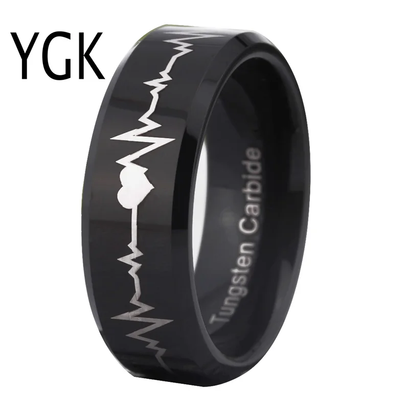 

Free Shipping YGK JEWELRY Hot Sale 8MM Comfort Fit Forever Love Heartbeat Black Bevel Mens Tungsten Wedding Ring