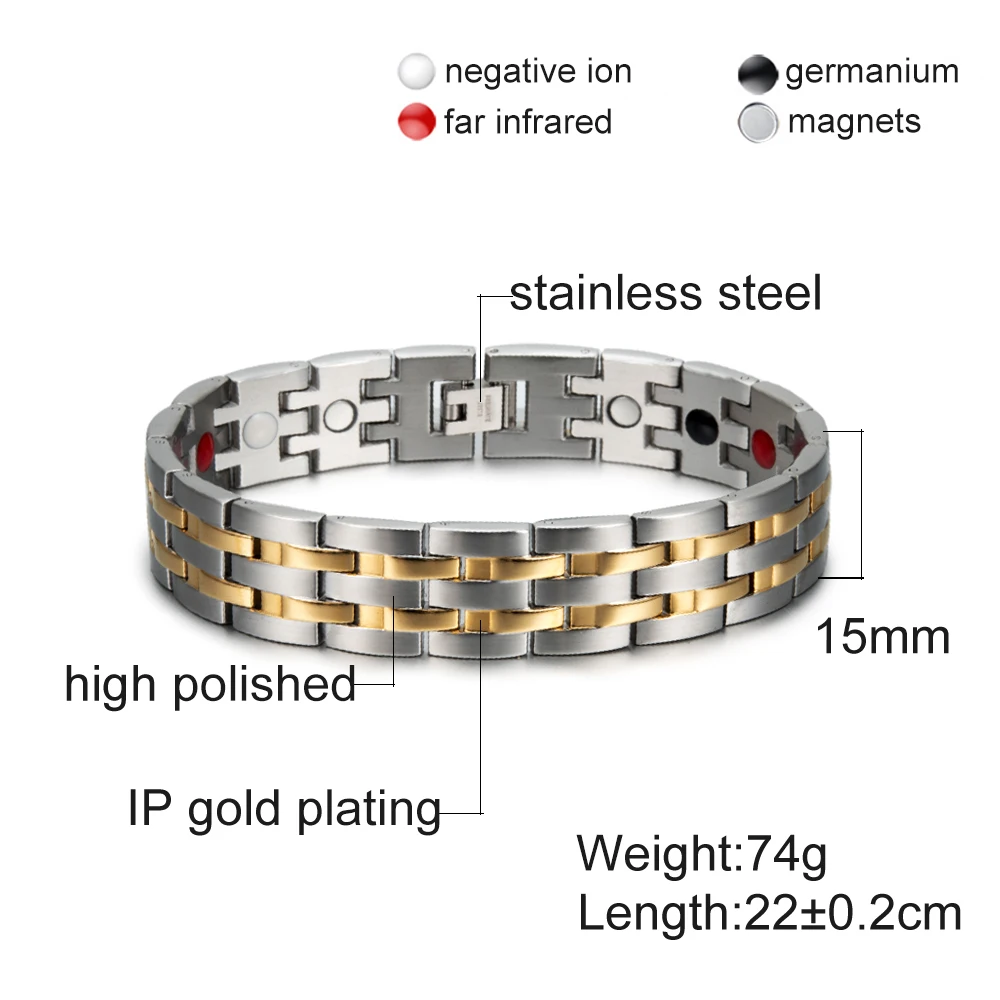 Vinterly Wrist Band Magnetic Bracelet Men Stainless Steel 15mm Wide High Magnet Male Energy Germanium Chain Link Jewelry Male