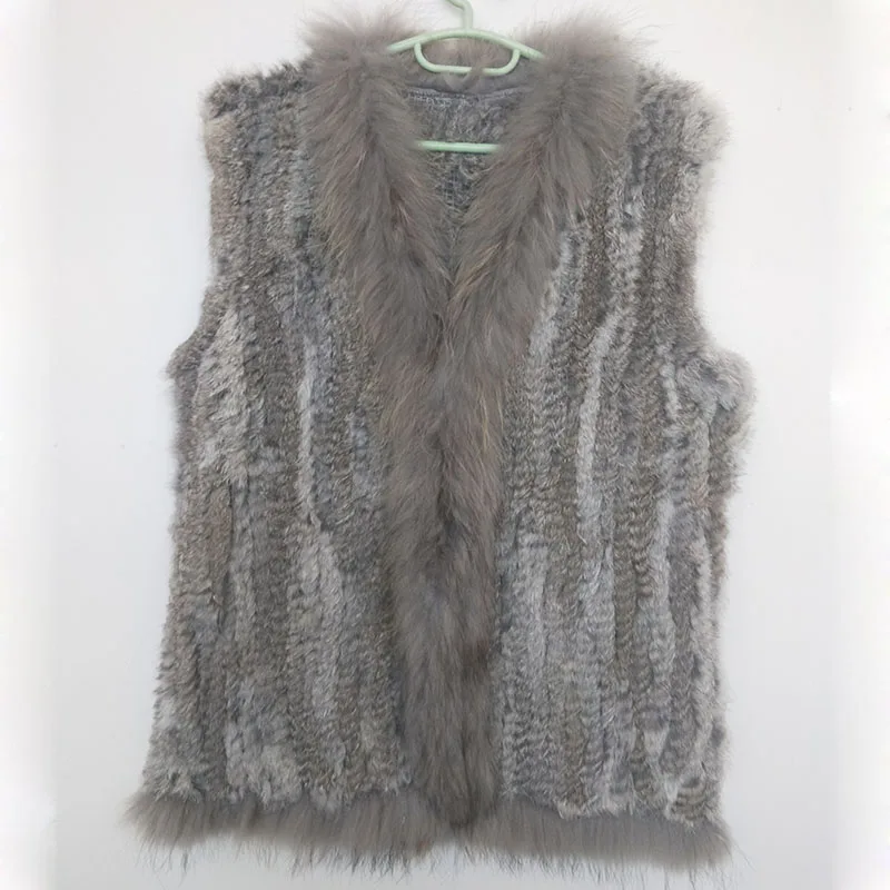 2024 Winter Spring Knitted Real Fur Vest With Real Raccoon Fur Trim Fashion Women Rabbit Fur Vests Ladies Genuine Fur Gilets