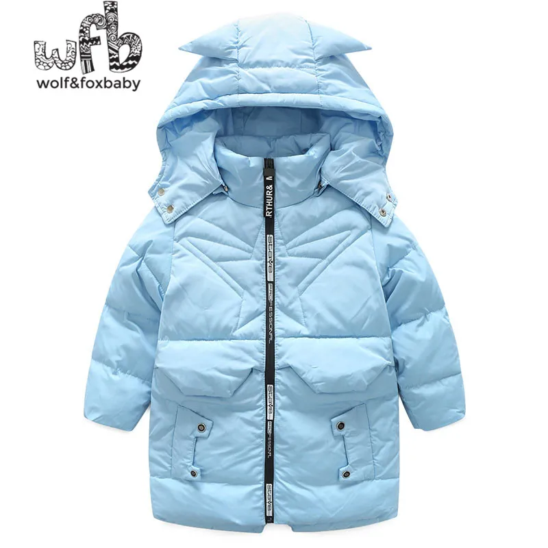 Retail 5-12 years children's remove the hat warmer thick long white duck down jacket winter