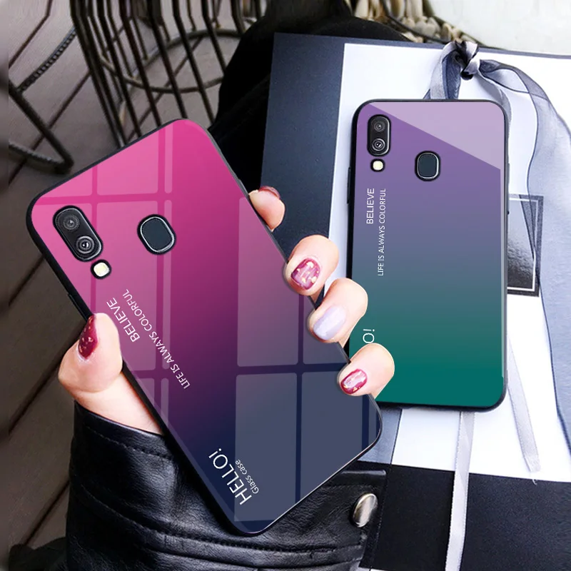 For Samsung Galaxy A40 Case Fashion Hard Tempered Glass Luxury Gradient Protective Back Cover case For samsung a40 phone shell