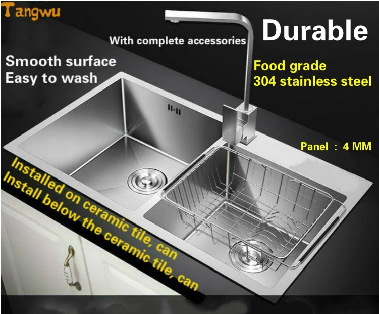 Tangwu 4 mm thick high-grade kitchen sink food-grade 304 stainless steel hand made big double groove 75X41/78X43/82X45x22 CM