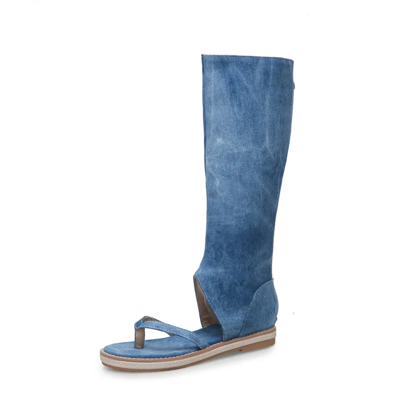 YMECHIC Daily Summer Denim Knee High Boots Female Blue Black Open Toe Flat Heel Womens Flats Shoes Plus Size Sandal Boot 2019