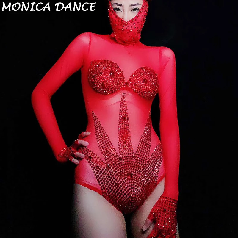 Body feminino vermelho brilhante com strass, roupa para performance de dança, para festa em palco e comemoração