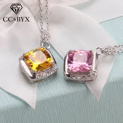 CC Necklaces Pendants For Women Sterling Zirconia Square Pink/Yellow Stone Fashion Jewelry No Chain CCN257