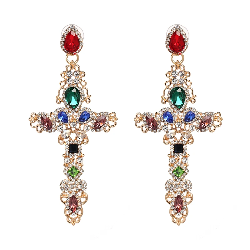 JURAN Vintage Rhinestone Cross Earrings For Women Fashion Baroque Drop Earrings Bohemian Large Long Earrings Jewelry Brinco 2019