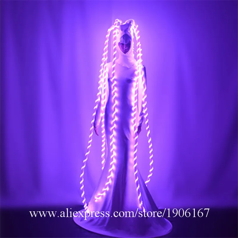 RGB LED Luminous Flashing Halloween Long Hair Clothes Illuminated Led Lighting Up Long Wigs Sexy Lady Bodysuit Outfit Dress