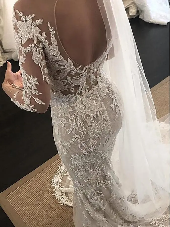 Ensotek – robe de mariée sirène en dentelle, dos nu, manches longues, Appliques de perles, col transparent, luxe, 2019