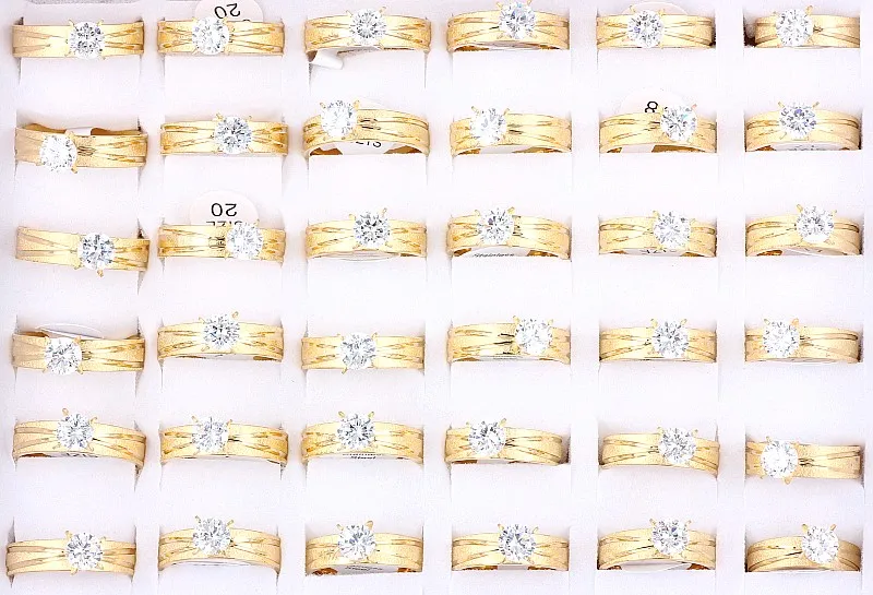 Wholesale Lots Job 5Pcs Golden Crystal CZ Stone 316L Stainless Steel Ring Engagement Wedding Party Bride Xams Gift 17-21MM