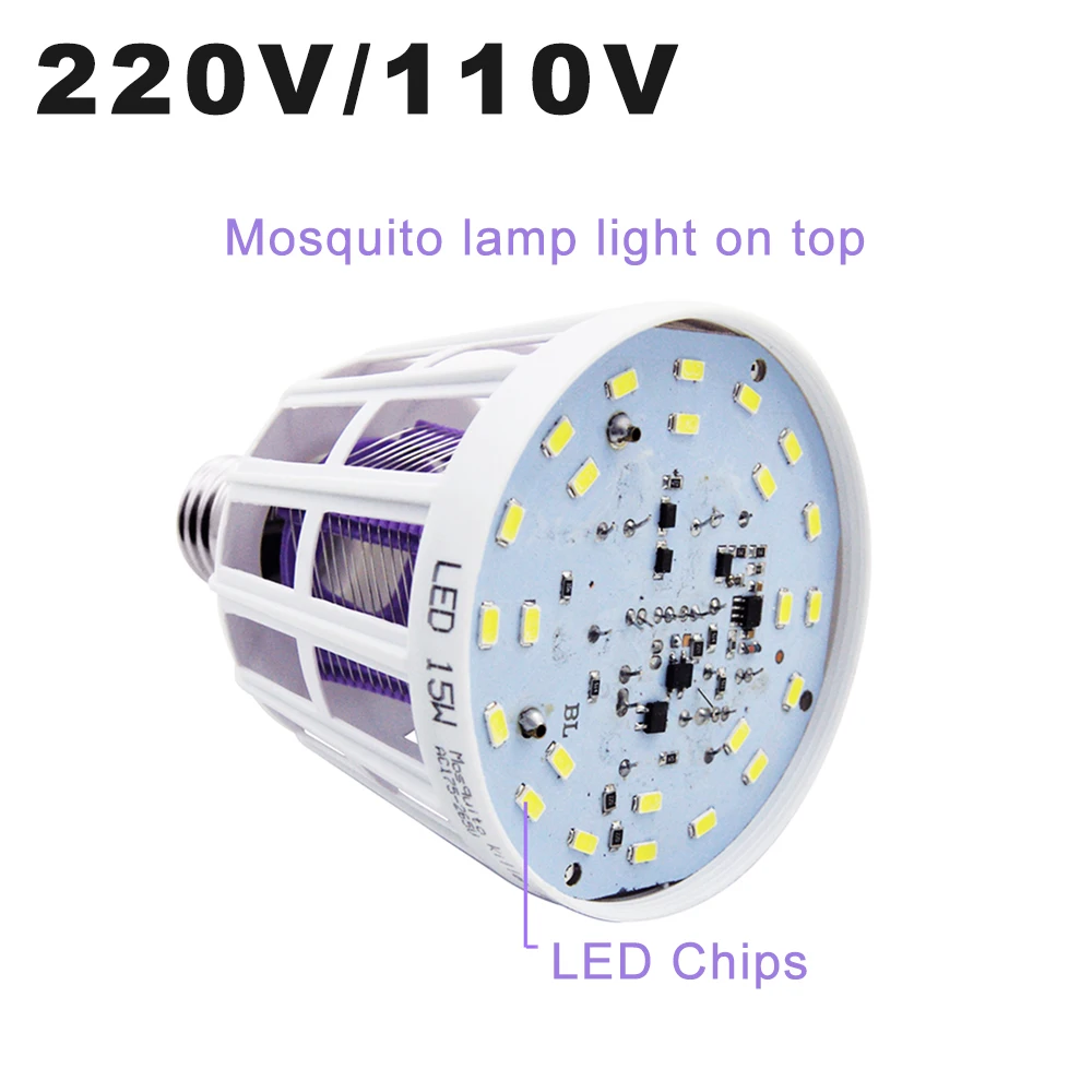 E27 Mosquito Killer Lamp Bulb 110V 220V 15W LED Light Bulbs 2 In 1 Repellent Fly Killing Lighting Bug Zapper Energy Saving Lamps