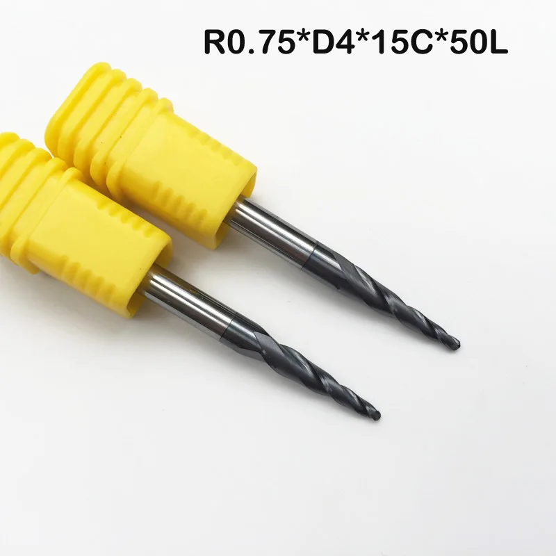 

2 шт./лот R0.75 * D4 * 15 * 50L * 2F Твердосплавные 4 мм сферические концевые фрезы, фрезы, Фрезы с ЧПУ, конические, для дерева, металла, HRC55, фреза