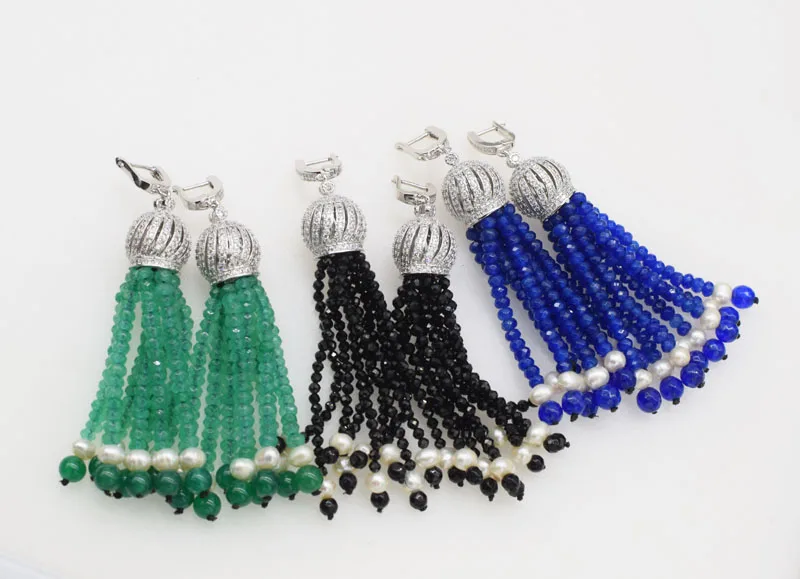 

one pair green /blue/black jade spinel roundel/round faceted &white pearl tassel hook earrings wholesale beads FPPJ