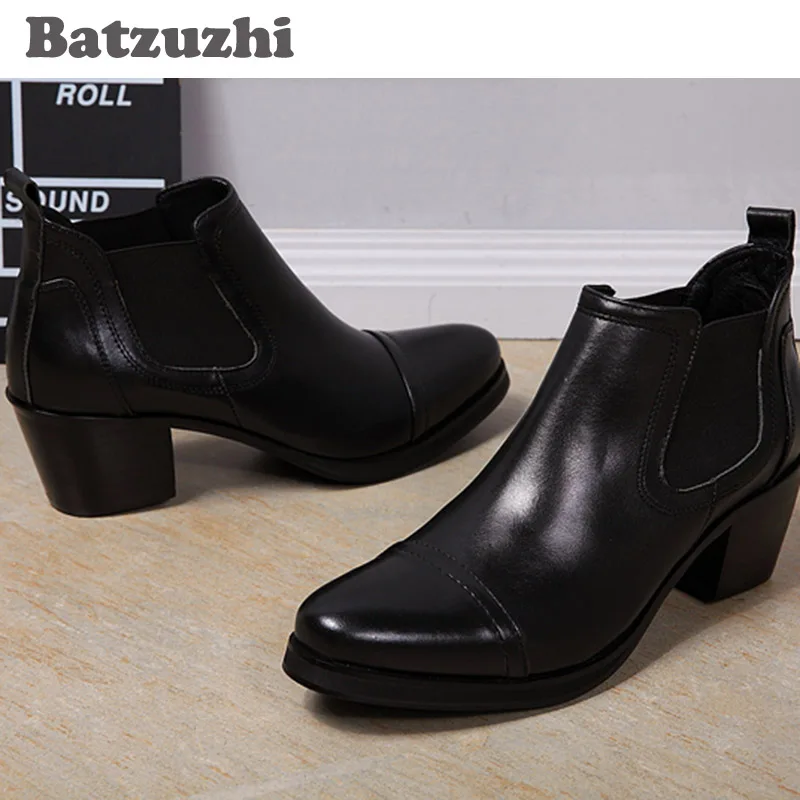 Batzuzhi 6.5CM Heels Men Boots Black Ankle Boots Genuine Leather Men Business Wedding Shoes Zapatos Hombre,  big sizes 46