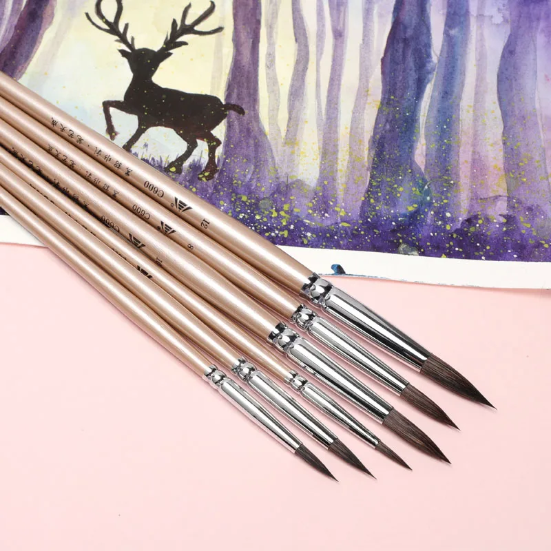 Watercolor brush black marten animal hair 6 pcs round pointed watercolor painting brush set adult beginner student hand-painted