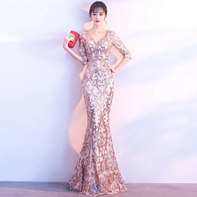 

Long Mermaid Evening Party Dress Medium Sleeve Sexy Sequins Prom Gowns popular V Neck Tulle Bead Formal Dress For Wedding