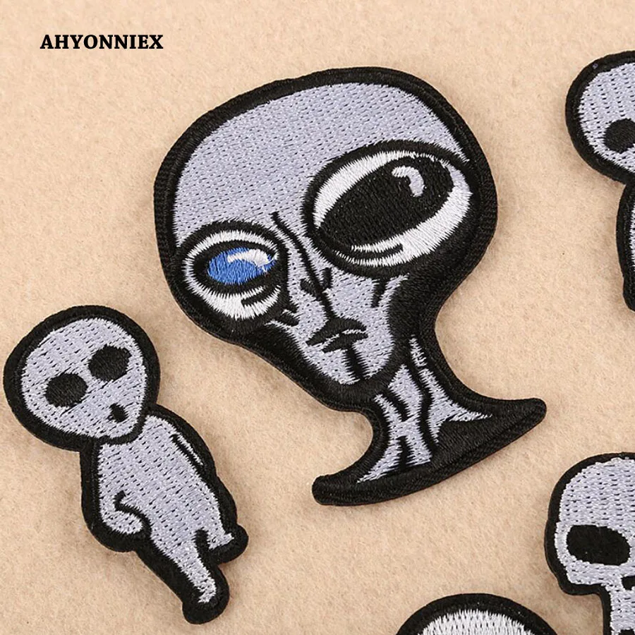 AHYONNIEX 10 PCS Embroidery Black and white skull patches Alien cloth stickers Jacket Jeans Iron On patch For hats accessories