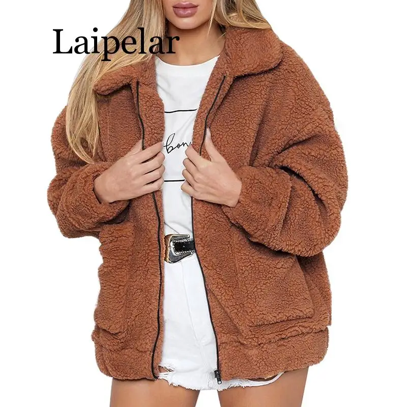 Laipelar Women Faux Fur Jacket Fluffy Teddy Bear Fleece Fake Fur Coat Zip Pocket Long Sleeve Casual Streetwear Winter Femme