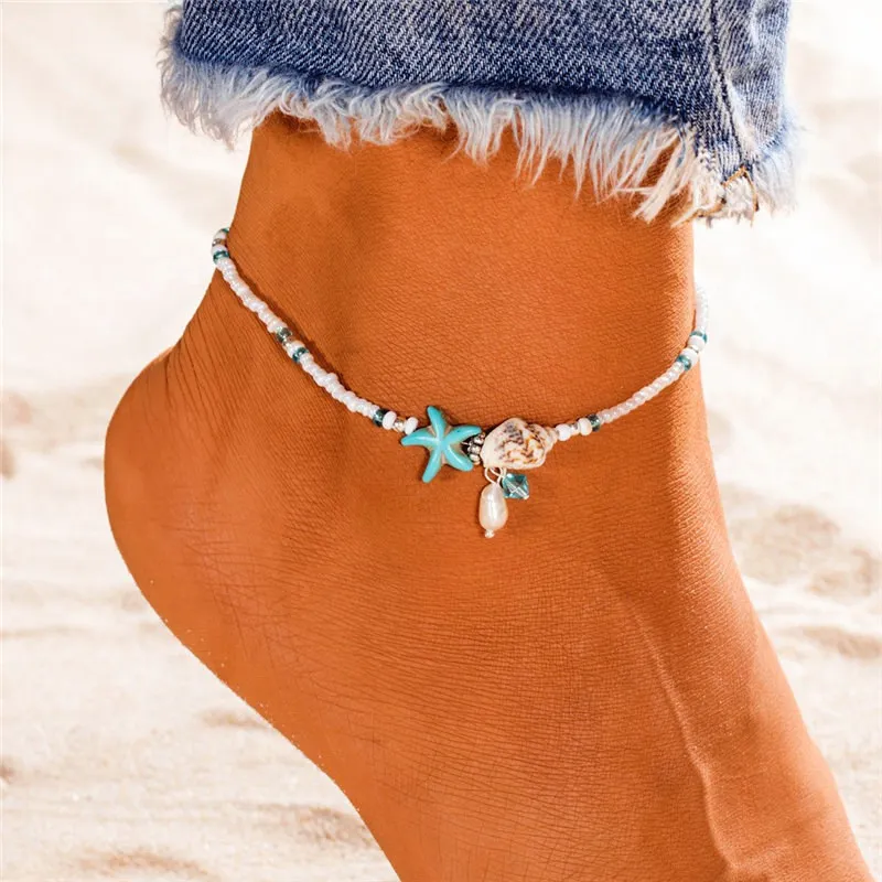 Fashion Sea Turtles Pearl Starfish Wave Heart Charms Bracelets Anklets For Women Bohemian Summer Foot Chain Jewelry Gifts