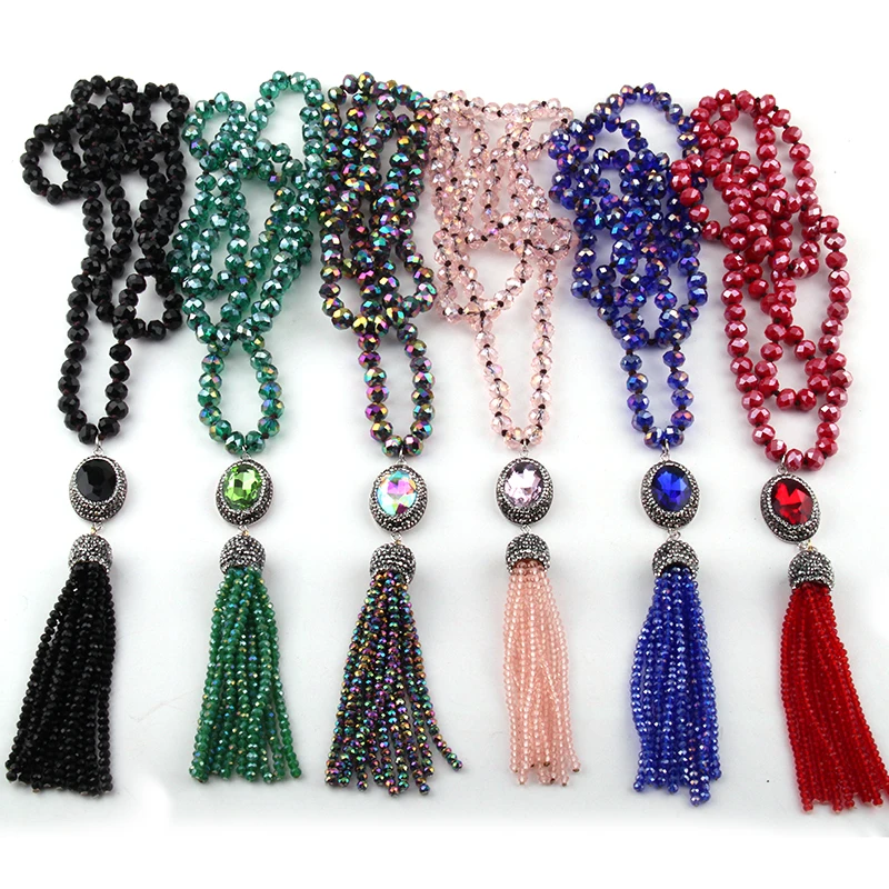 Fashion Bohemian Jewelry Glass Knotted Crystal Handmake Paved Link Tassel Necklace For Women Ethnic Necklace