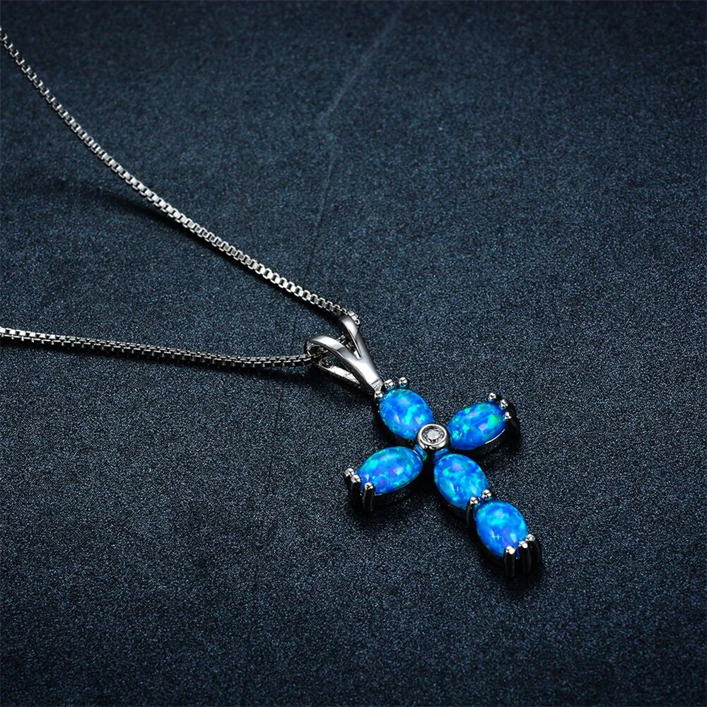 WalerV Vintage Blue Fire Imitation Opal Cross Pendant Necklaces For Women High Quality  Sterling  Belief Christian Gift