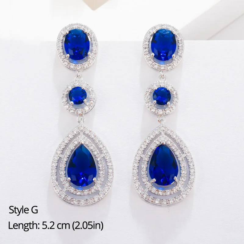 BeaQueen Leaf Flower Teardrop Cubic Zircon Royal Jewellery Big Dark Blue CZ Crystal Long Dangle Wedding Earrings for Women E293