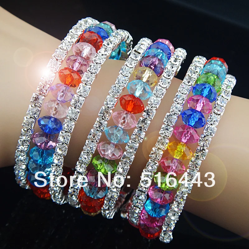 

Charms 12pcs 3rows Colorful Crystal Czech Rhinestones Stretchy Women Charms Bangles Bracelets Wholesale Fashion Jewelry A-700