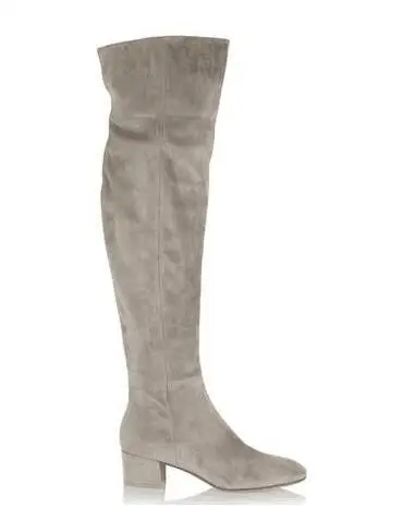 Newest Grey Suede Leather Round Toe Flat Over The Knee Boots High Quality Women Flat Winter Long Boot Size 42 botas mujer