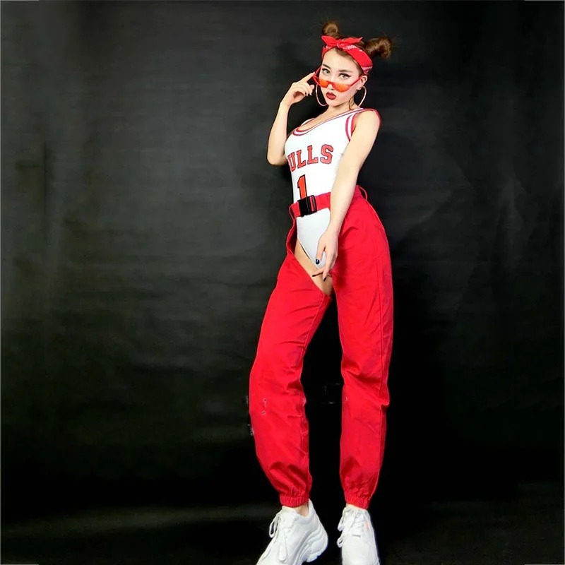 Jazz Dance Costumes Female Sleeveless Bodysuit Red Trousers Suits Women Adults Nightclub Dj Ds Gogo Show Wear Costume DNV11533