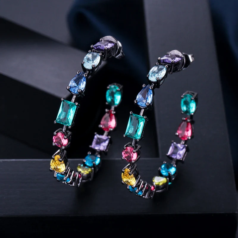 CWWZircons Trendy American Cubic Zirconia Crystal MultiColored Big Hoop Earrings Circle Round Design Women Ear Jewelry CZ561