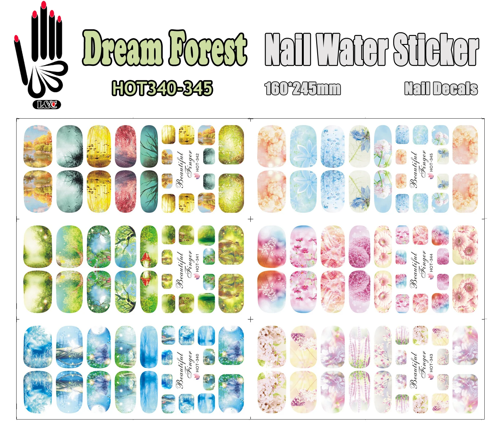 6 Sheets/Lot Art Nail HOT340-345 Dream Forest Full Cover Nail Film Nail Art Water Sticker Decal For Nail Art (6 DESIGNS IN 1)