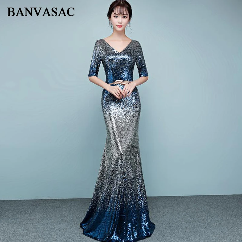 BANVASAC Sequined V Neck Half Sleeve Mermaid Long Evening Dresses Party Metal Leaf Sash Backless Prom Gowns