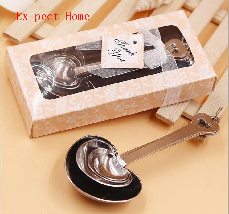 

Delicate 50sets =200pcs/lot Heart Shaped Measuring Spoons Set Wedding Favors LOVE New 4pcs/set for each gift box