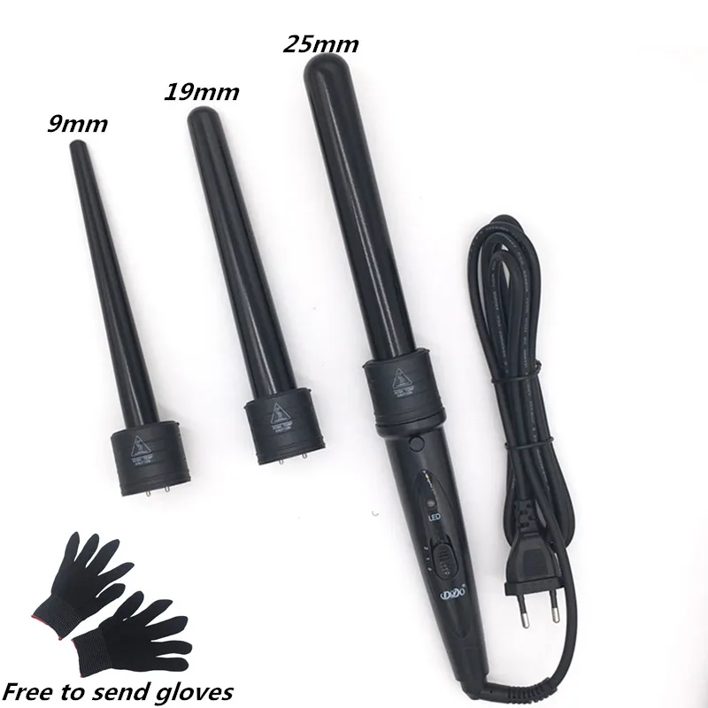 Neu 3-teiliges Lockenstab-Set aus Keramik, 3 Größen, 9 mm – 19 mm – 25 mm, Lockenstab-Rollen mit Handschuhclips_voghion.com