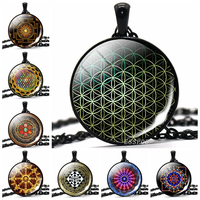 Flower of Life Necklace Sri Yantra Glass Cabochon Pendant Necklace Mandala Spiritual Yoga Jewelry Fashion Accessories for Women