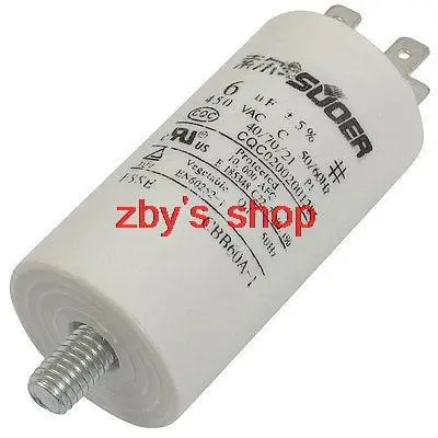 CBB60A-1 AC 450V 6uF 8mm Thread Cylinder Non Polar Polypropylene Film Motor Capacitor