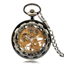 Vintage Bronze Skelett Ausrüstung Gold Zifferblatt Luxus mechanische Handwind Taschenuhr analoge Steampunk Anhänger Kette Uhr Geschenke Männer