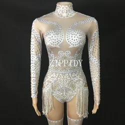 Flashing Silver Rhinestones Tassel Stretch Jumpsuit Female Singer Dance Show Women's Birthday Party Wear Sexy Printed Bodysuits