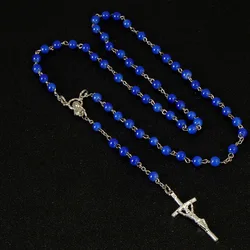 6mm Blue Pearl Beads Rosary Pendant Necklace Alloy Cross Virgin Mary Center Accessories Christian Catholic Religious Jewelry