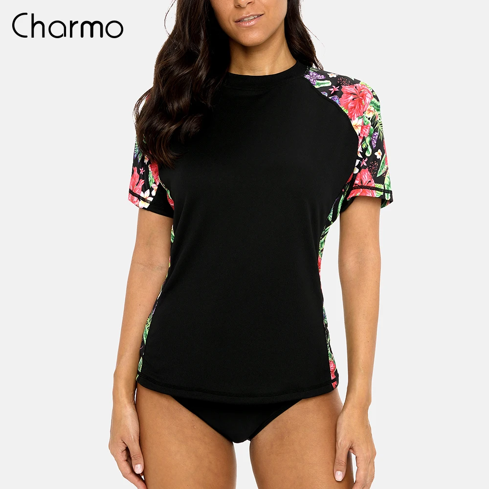 Charmo Women Short Sleeve Rashguard Retro Flower Print Quick-drying Shirt Surfing Top Floral Rash Guards UPF50+ Hiking Shirts