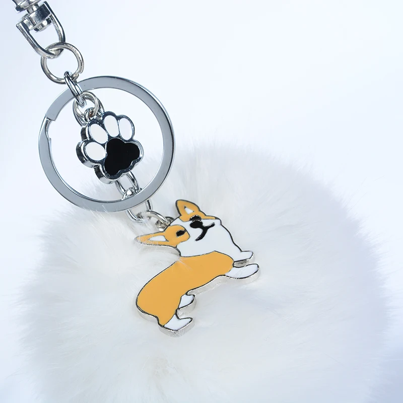 Fashion Cute  Welsh Corgi Fur Pompom Key Chain Dog Pendant Keychain Bag Charm Car Key Ring gift Jewelry