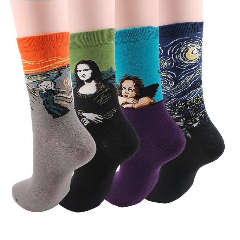 Combed Cotton Colorful Van Gogh Retro Oil Painting Men Socks cool casual Dress Funny party dress crew Socks 1pair=2pcs  ms01