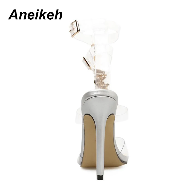 Aneikeh New Summer sandals women Buckle Strap Luxurious Blue Crystal Chain Transparent PVC High Heel Open Toe Sexy Sandals Shoes