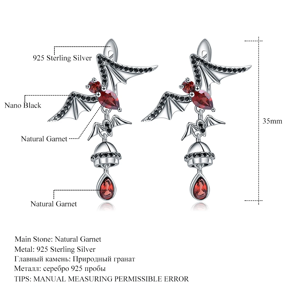 GEM\'S BALLET Natural Garnet Gemstone Bat Earrings 925 Sterling Sliver Vintage Gothic Punk Drop Earrings For Women Party Jewelry
