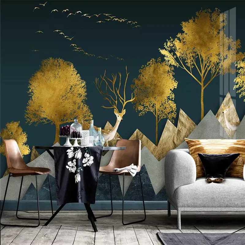 Specializing in the production of wallpaper murals modern abstract geometric golden forest elk background wall painting