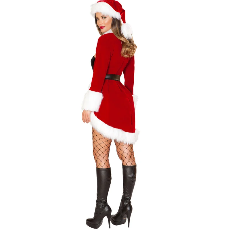 Christmas Dresses Women Clothes Sexy Santa Claus Xmas Cosplay Costume Red Velvet Coat Jumpsuit Belt Hat Christmas Set