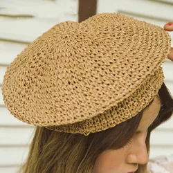 New Beige Raffia Sun Hat Straw Women Summer Casual Elegant Ladies Beret Hat French Style Fashionable Spring Vintage Painters Hat